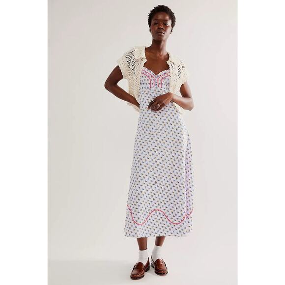Free People Dresses & Skirts - Free People White Midi Dress with Blue Floral Print and Pink Trim
